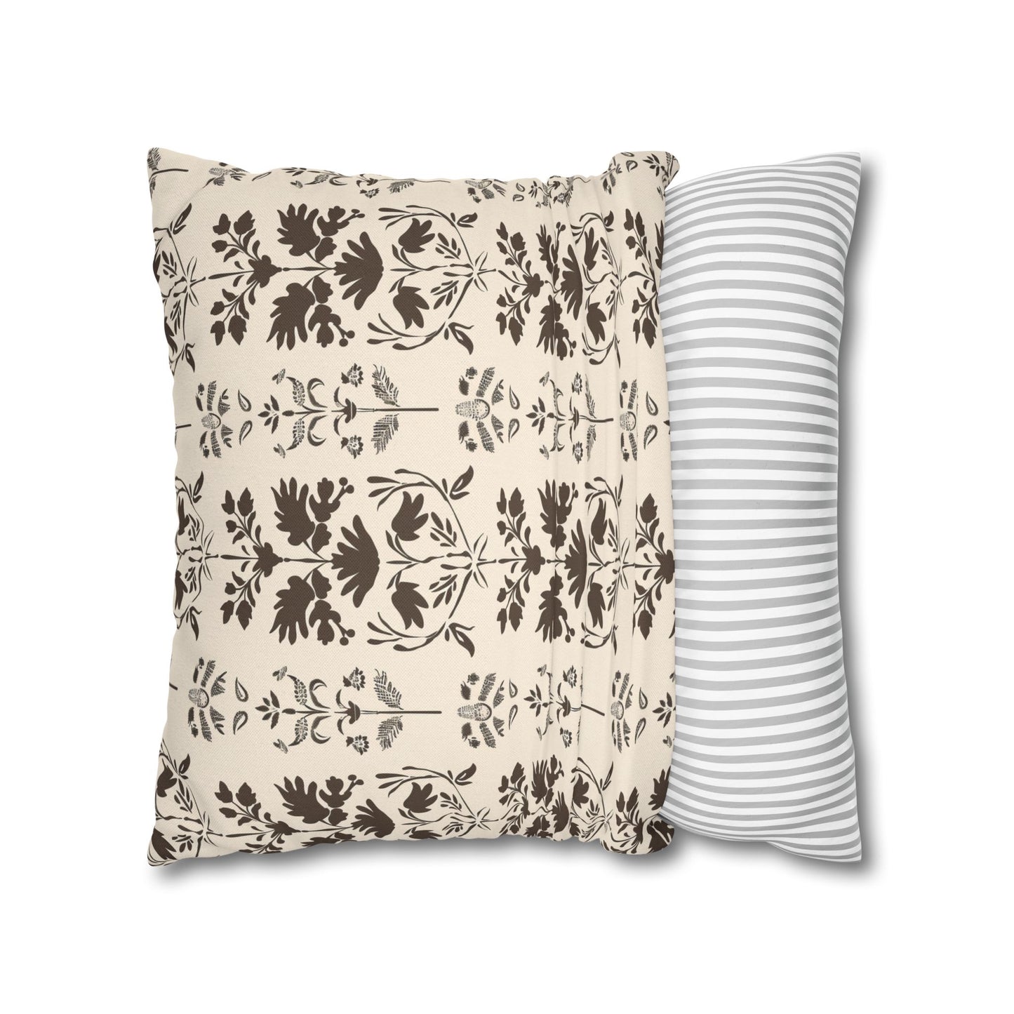 Early American Stencil-Inspired Beige and Brown Floral Pattern Spun Polyester Square Pillowcase 4 Sizes