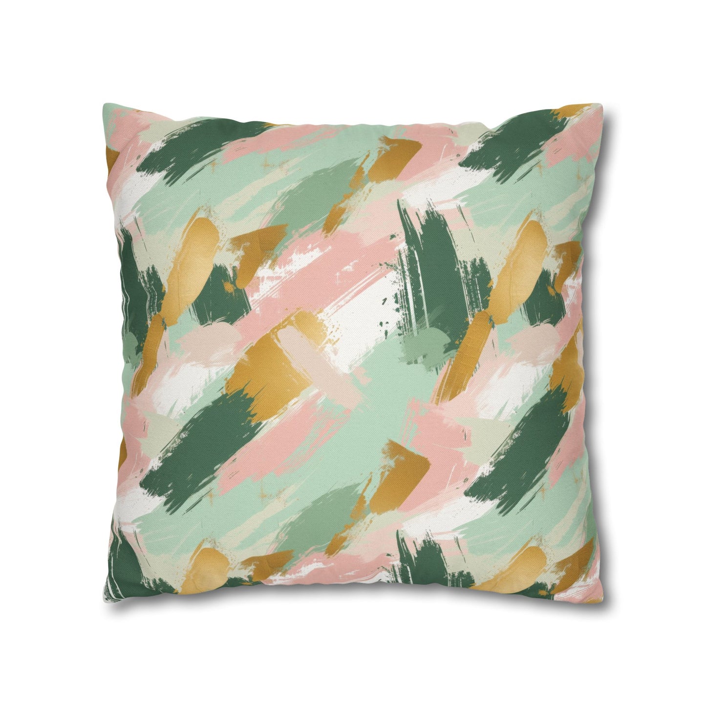 Spring Brushstrokes Abstract in Light Green, Pink, and Gold Spun Polyester Square Pillowcase 4 Sizes