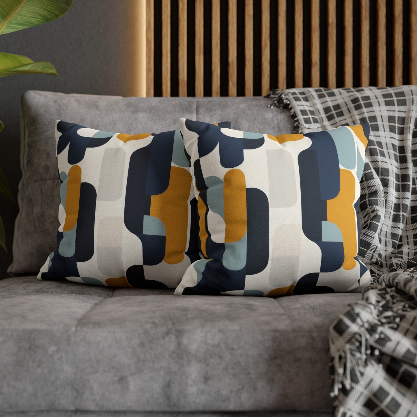 Modern Retro with Bold Geometric Pattern in Mustard and Navy Spun Polyester Square Pillowcase 4 Sizes