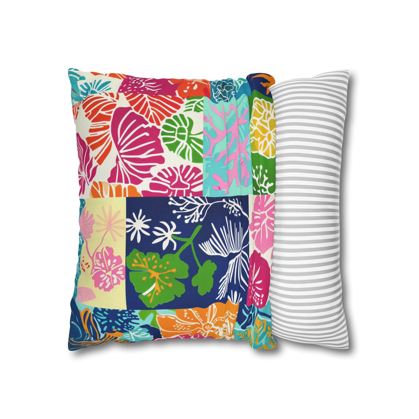 Vibrant Mosaic of Tropical Unique Shapes and Hues, from Vivid Oranges to Deep Blue Leaves and Flowers Spun Polyester Square Pillowcase 4 Sizes