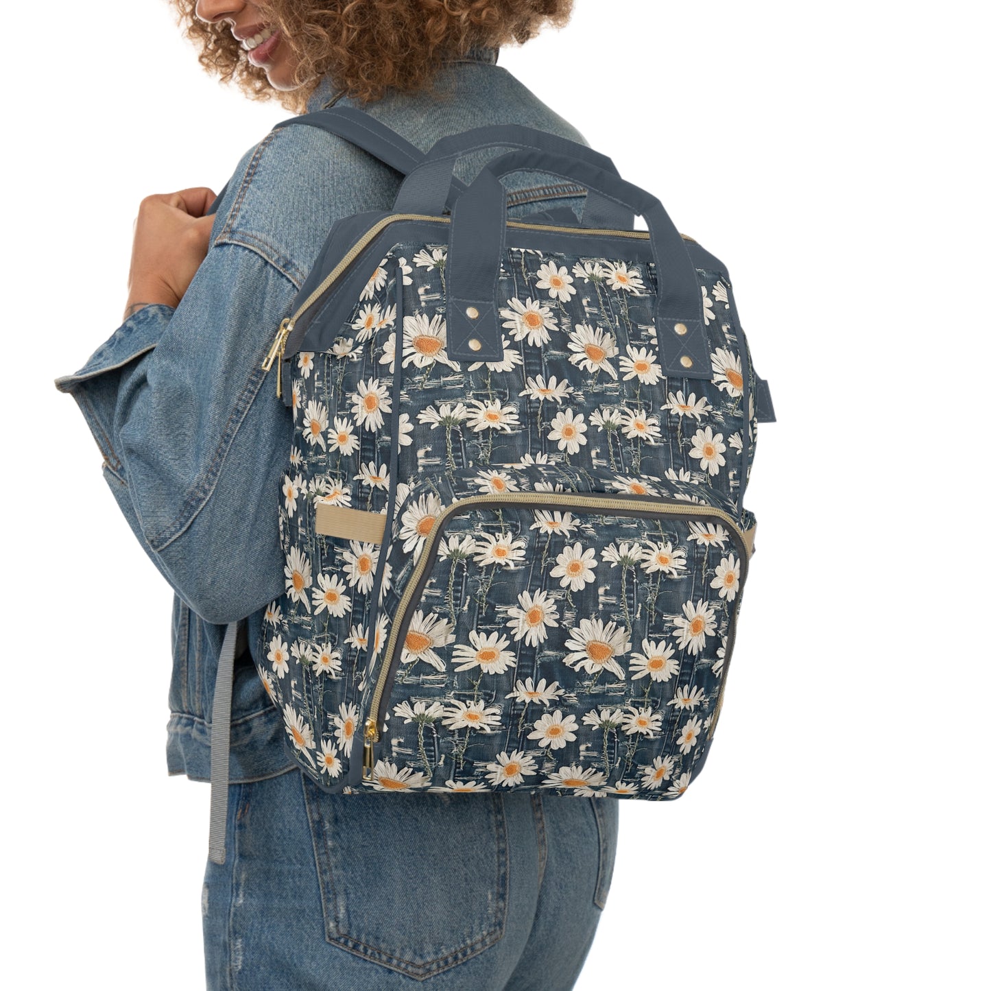 Daisy Dreams: Worn Dark Denim with White Embroidered Daisies Multifunctional Diaper Backpack