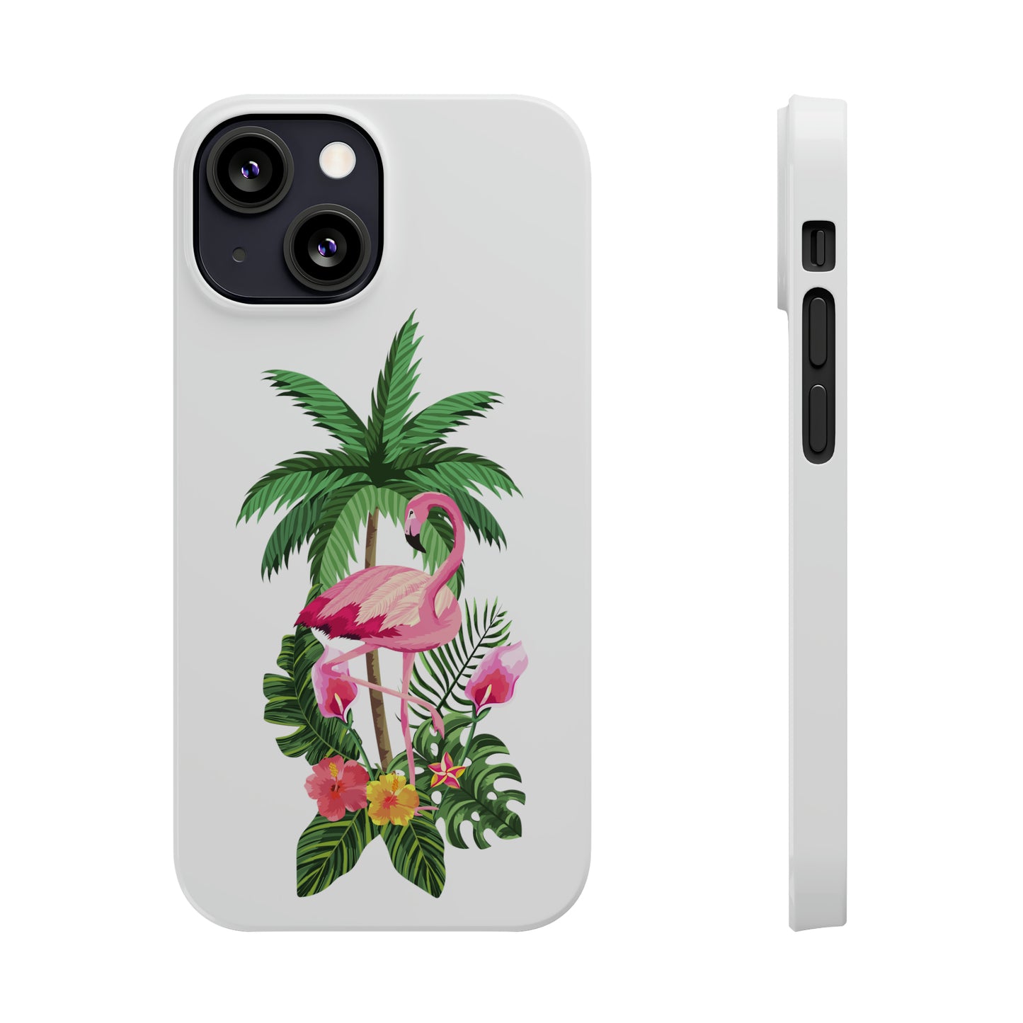 Tropical Pink Flamingo and Flowers White Background Iphone 15-12 Slim Phone Case