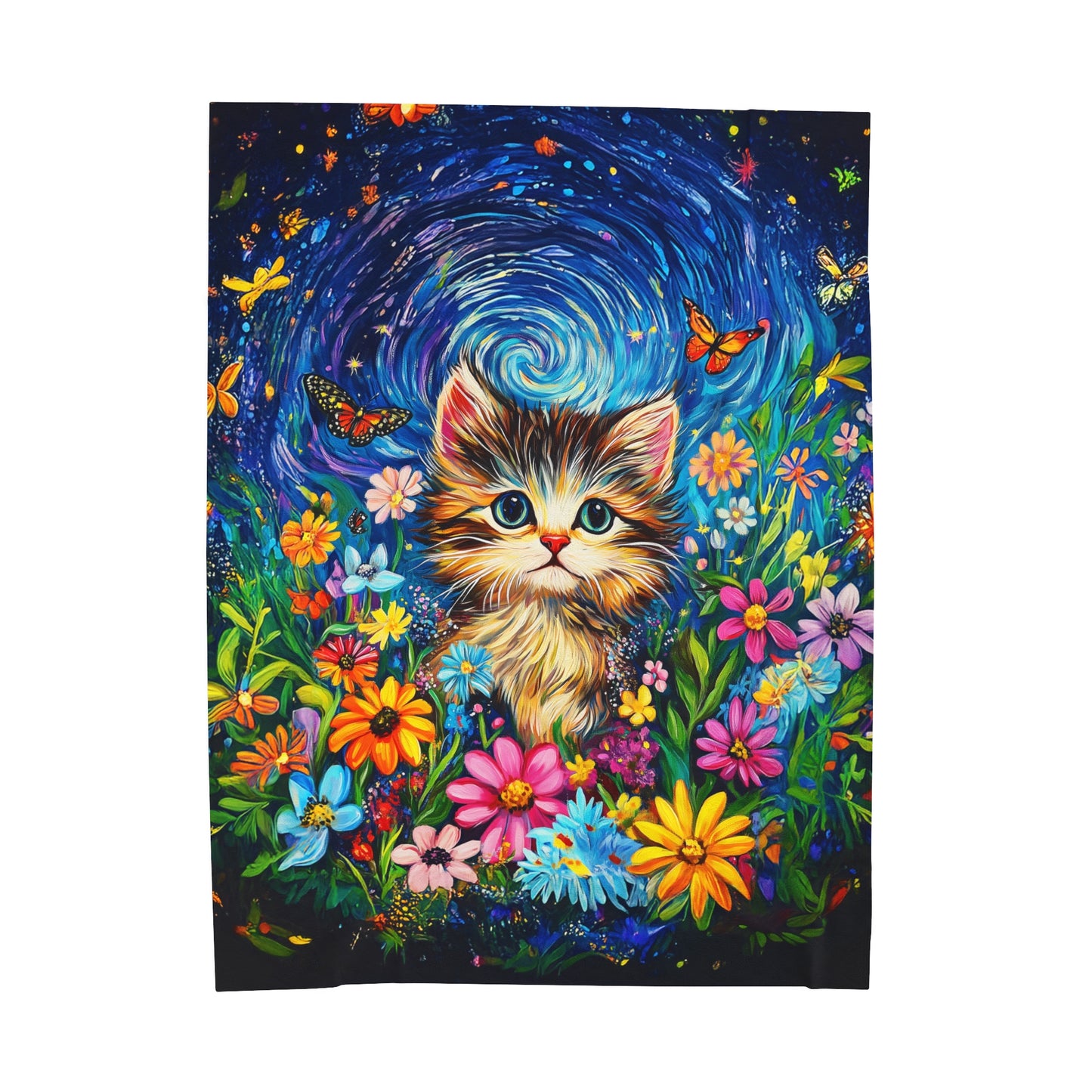 Whimsical Kitten Amidst a Van Gogh-Inspired Floral Fantasy Velveteen Plush Blanket 3 Sizes