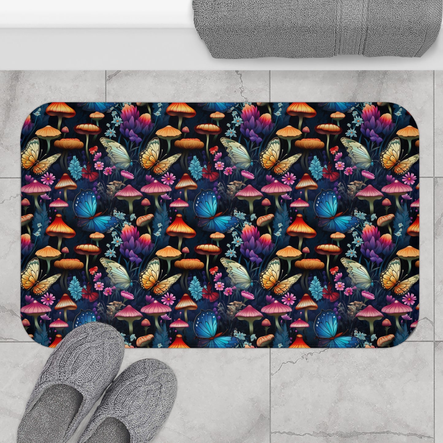 Mystical Butterflies and Mushroom Nighttime Garden  - Bathroom Non-Slip Mat 2 Sizes