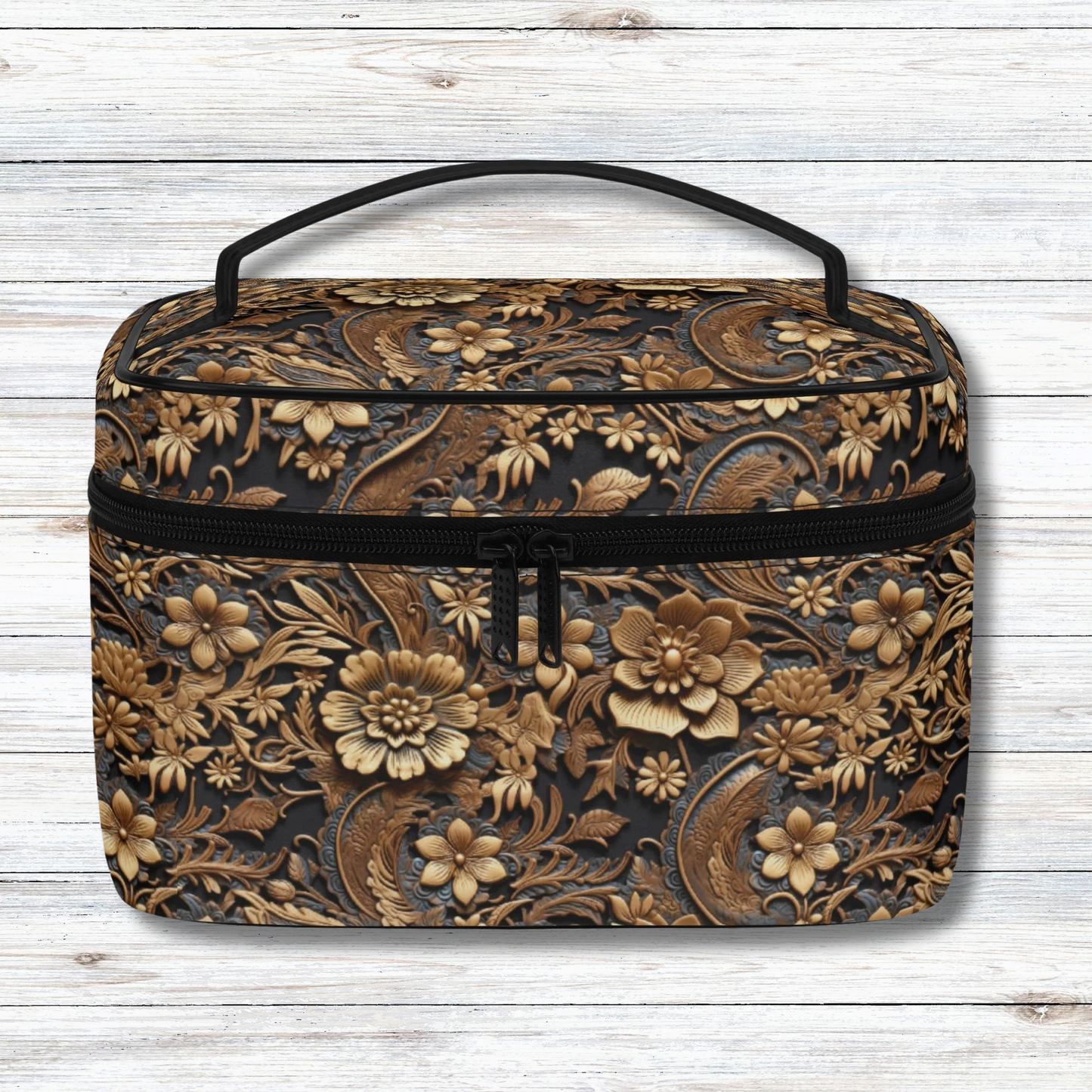 Tooled Leather Print of Large Gold Flowers with Blue Leaf Swirl Accents Print Design - Cosmetic or Toiletry Bag Faux Leather (PU)