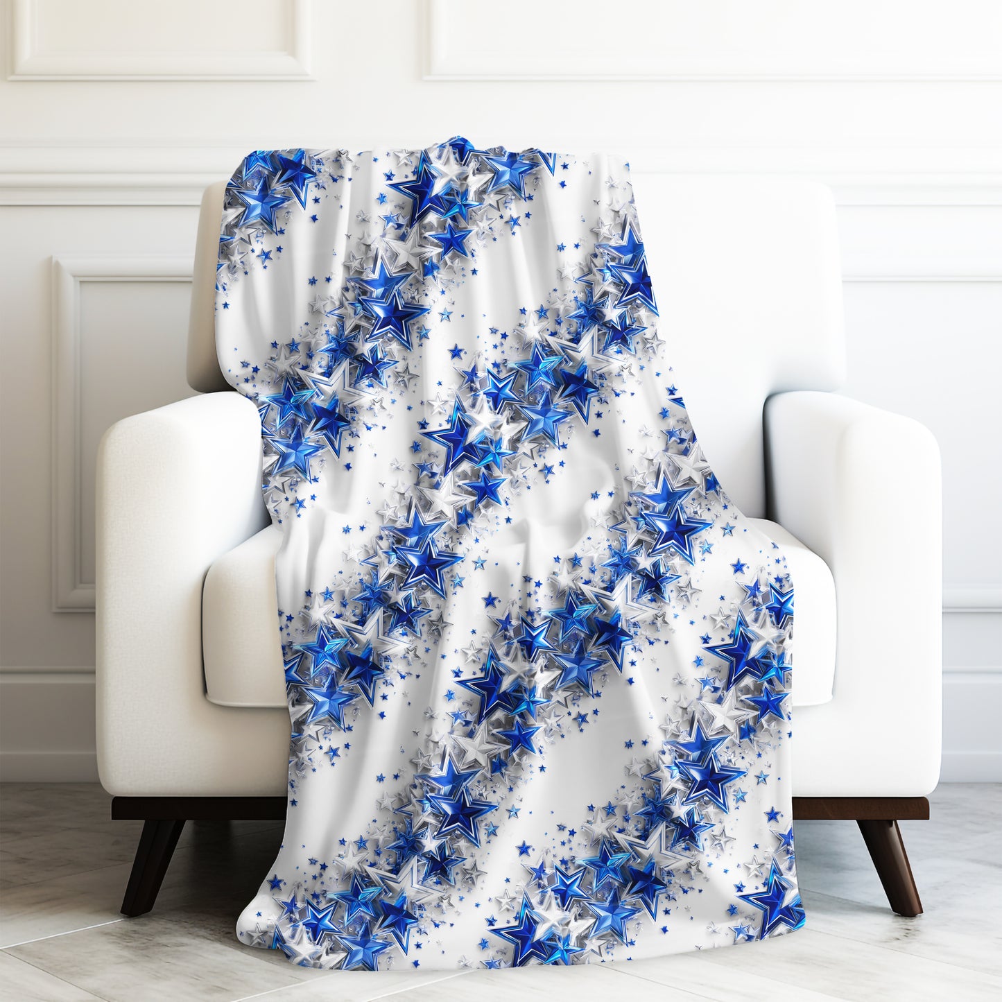 Texas Stars in Blue and Silver with Flowers Print Velveteen Plush Blanket 3 Sizes