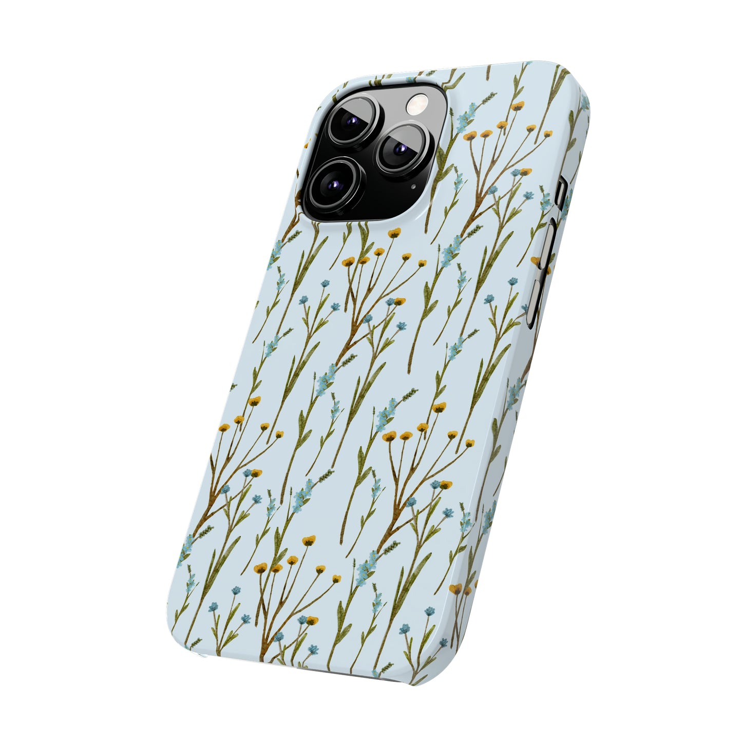 Delicate Blue and Yellow Wildflowers on a Light Blue Background Design Iphone 15-12 Slim Phone Case