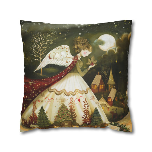 Christmas Angel Amidst a Starlit Village Night Spun Polyester Square Pillowcase 4 Sizes