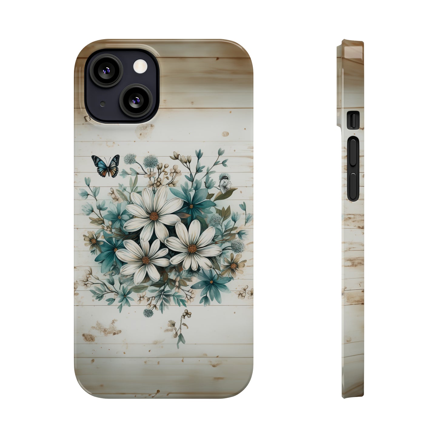 Rustic Charm Bouquet featuring Teal Accents White Wild Daisies with Butterflies  Iphone 15-12 Slim Phone Case