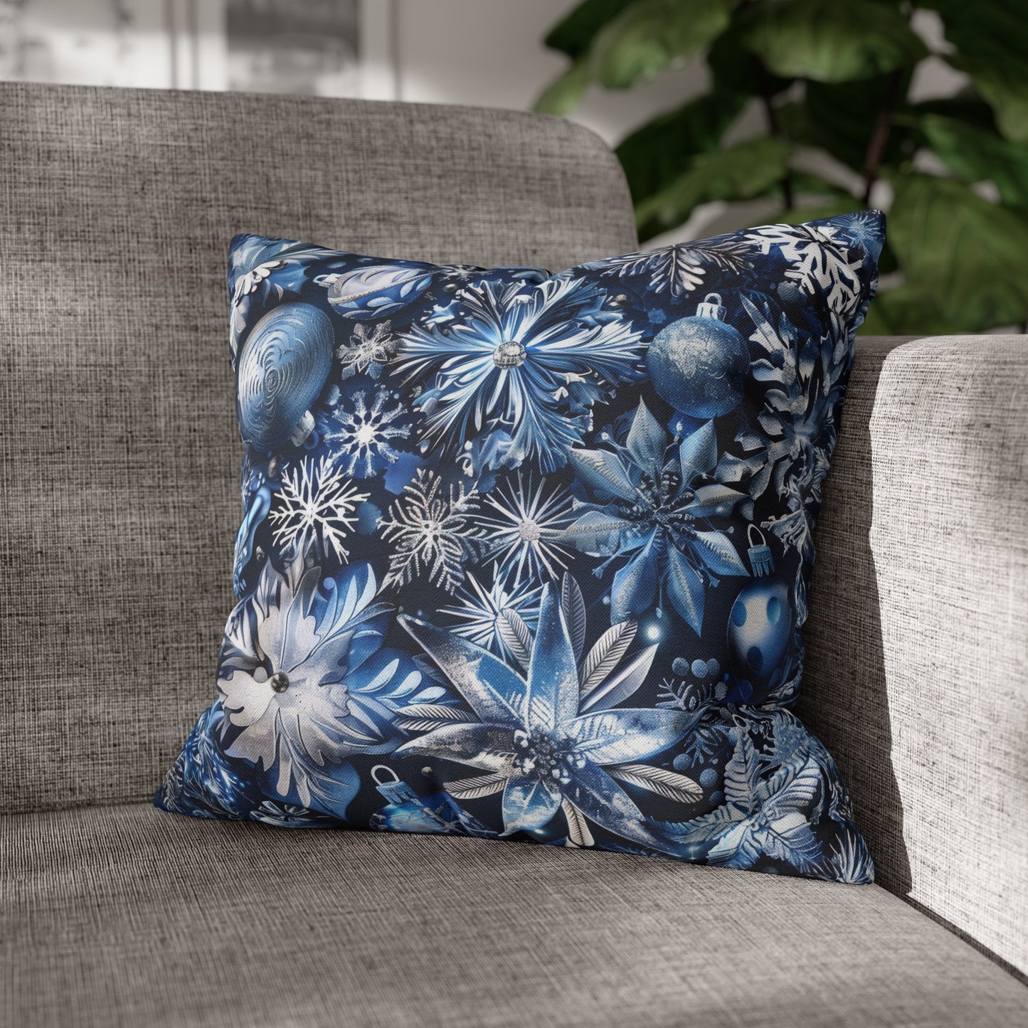 Winter Wonderland Festive Blue and Silver Snowflakes and Ornaments Spun Polyester Square Pillowcase 4 Sizes