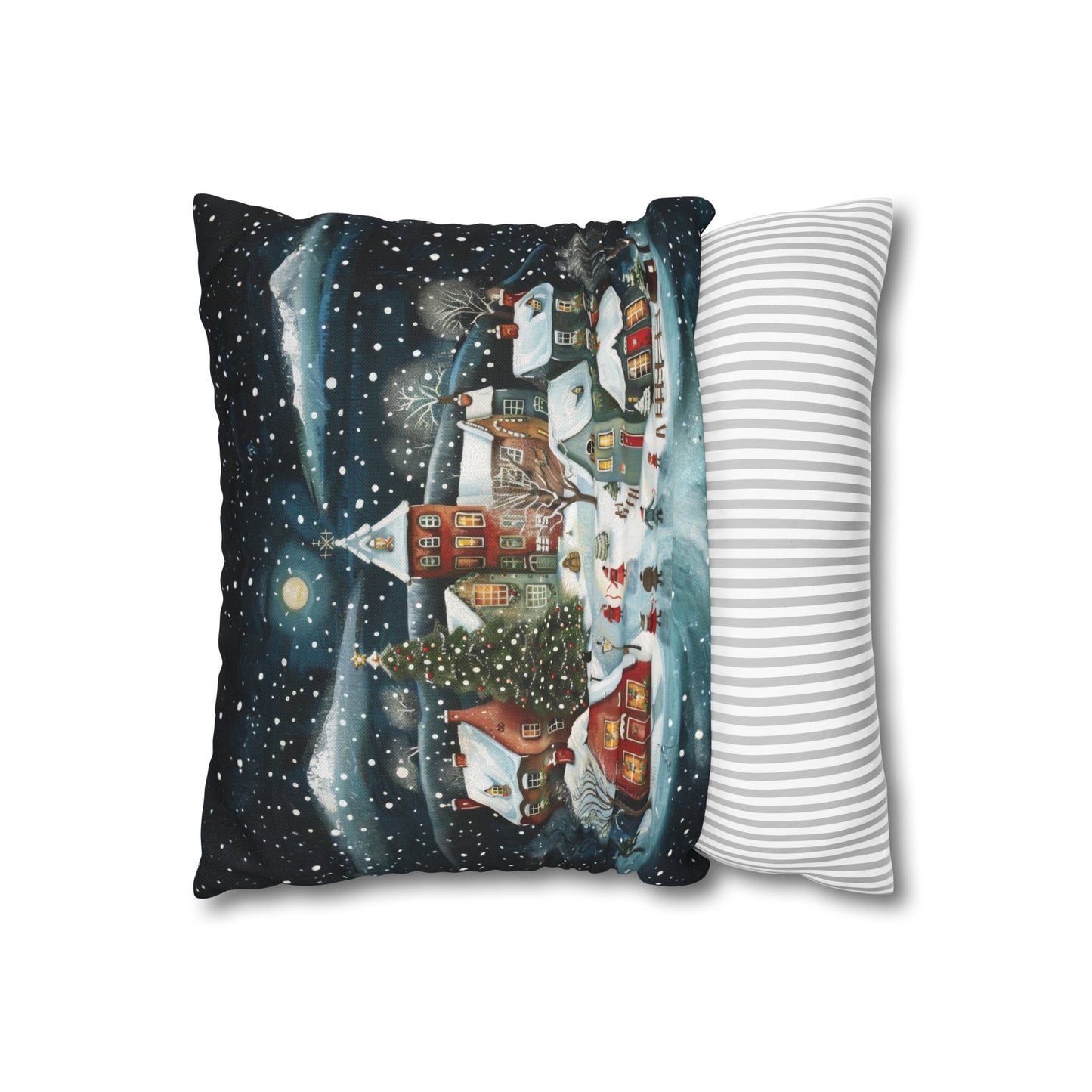 Midnight Magic: Winter Town Aglow with Christmas Decorations and Tree Spun Polyester Square Pillowcase 4 Sizes