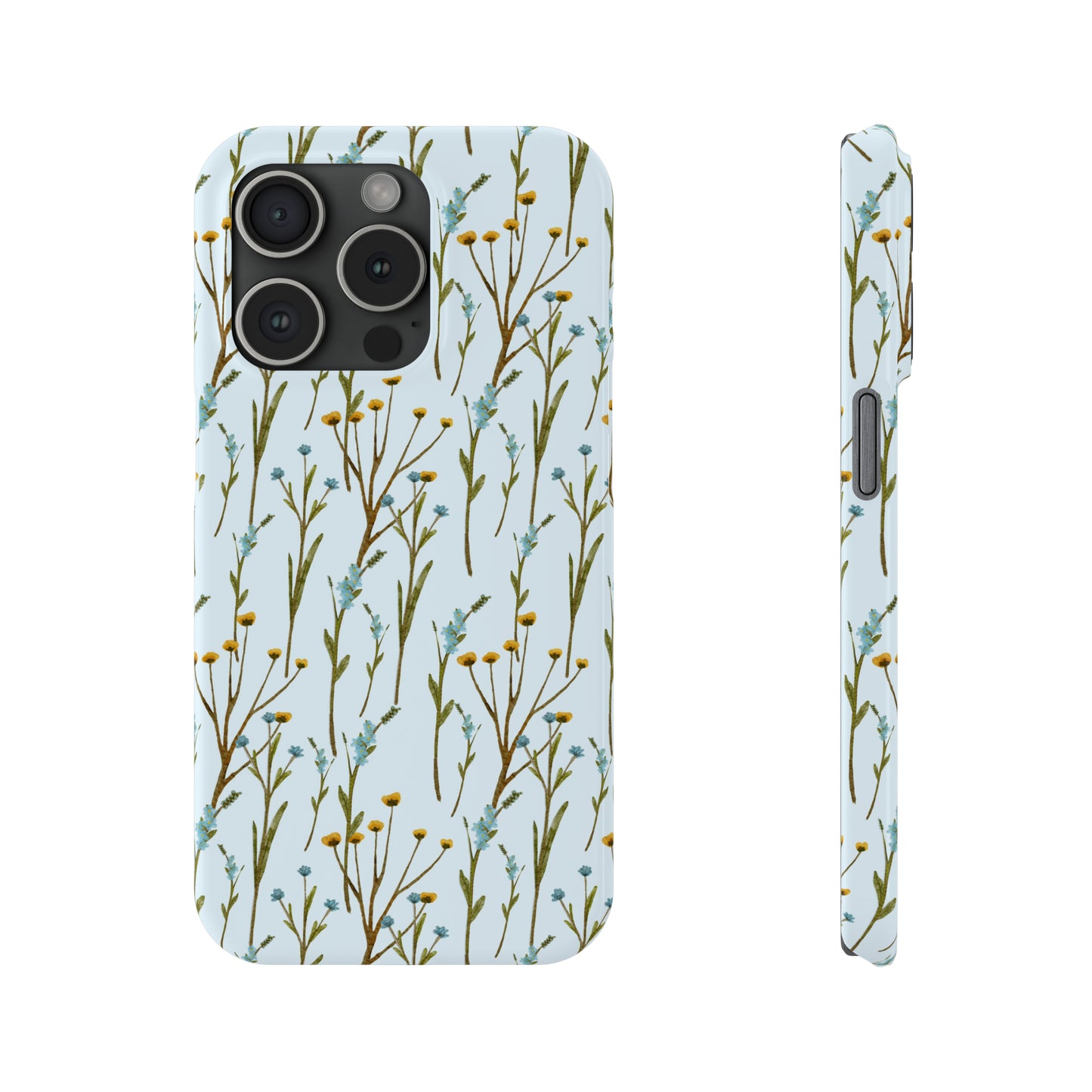 Delicate Blue and Yellow Wildflowers on a Light Blue Background Design Iphone 15-12 Slim Phone Case