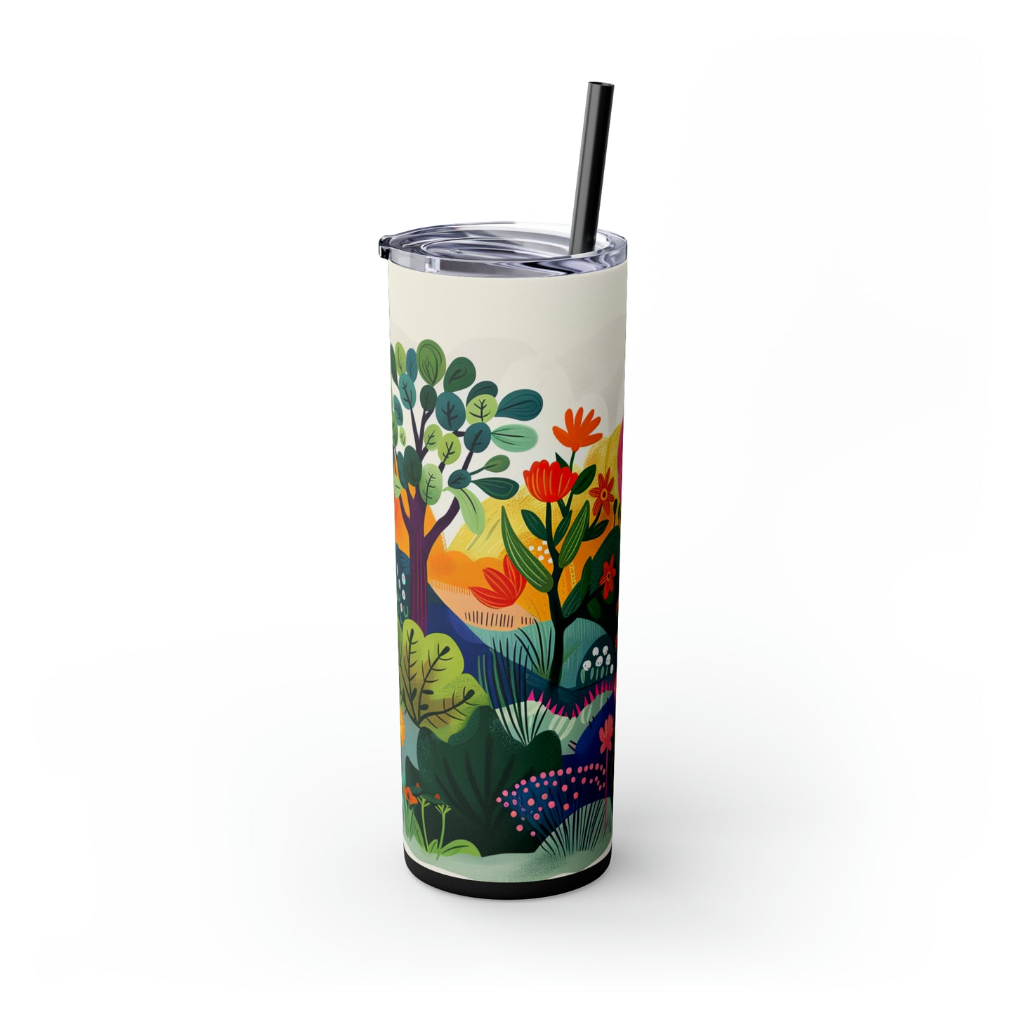 Springtime Abstract Field of Trees and Flowers in the Artistic Style of Josef Frank Skinny Tumbler with Straw, 20oz