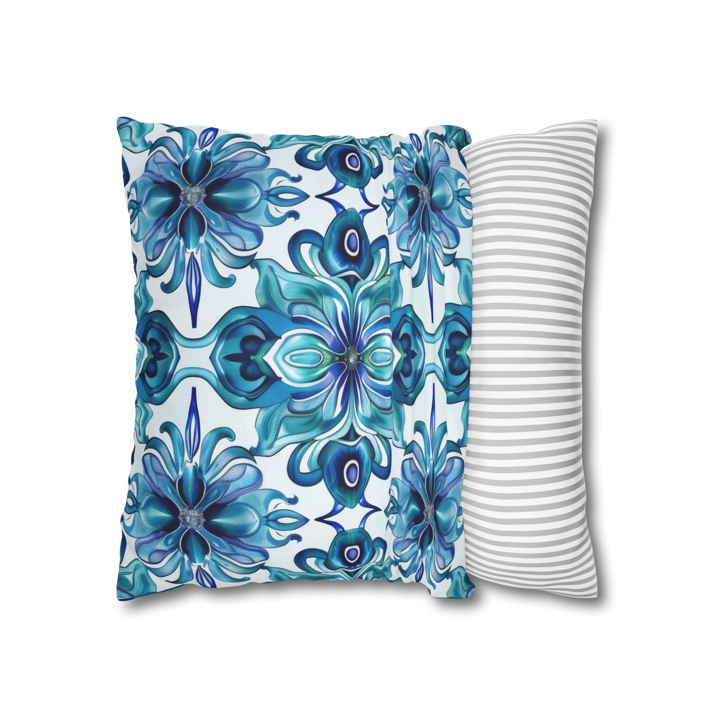 Blossom Symphony of Blue Teal Intricate Floral Pattern Spun Polyester Square Pillowcase 4 Sizes