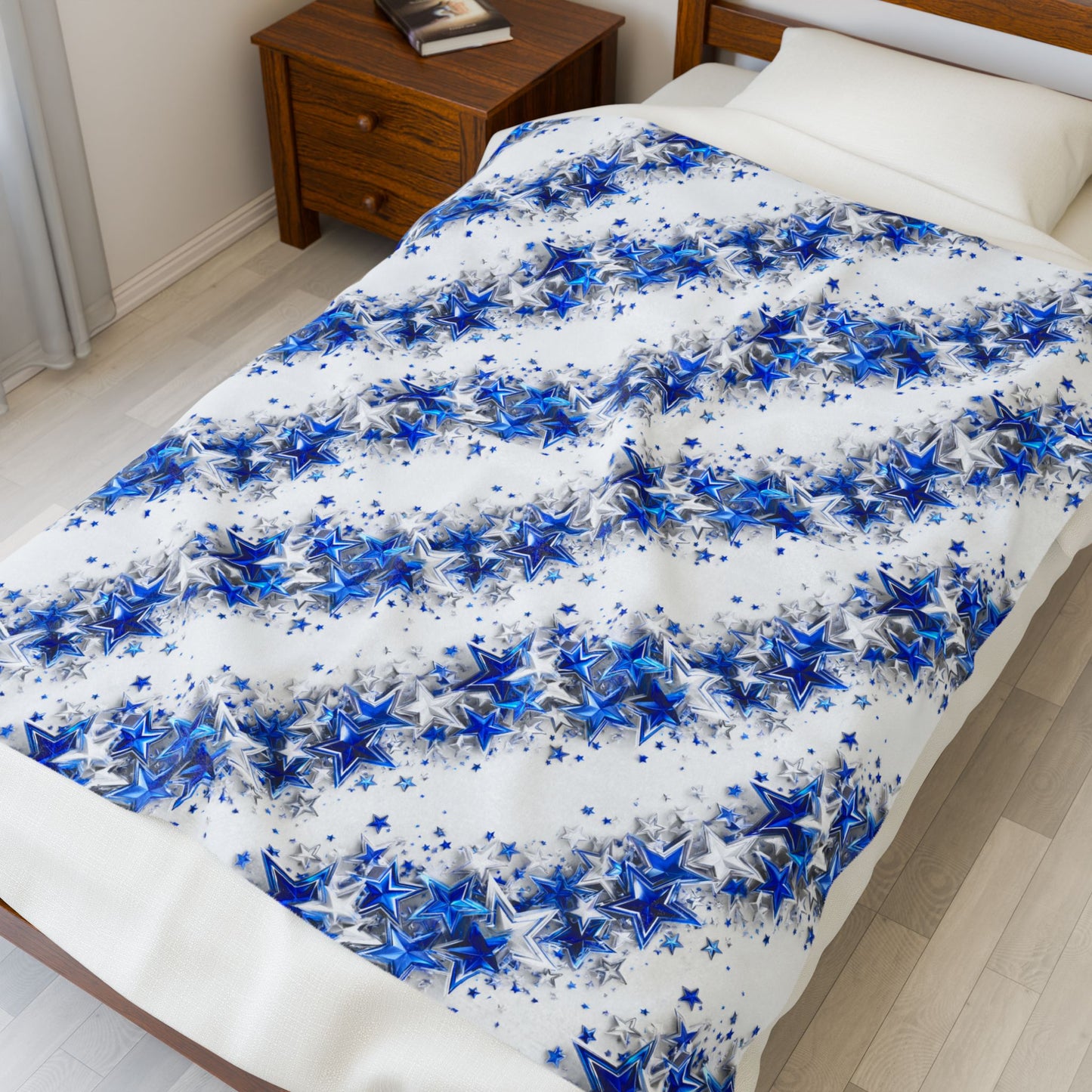 Texas Stars in Blue and Silver with Flowers Print Velveteen Plush Blanket 3 Sizes