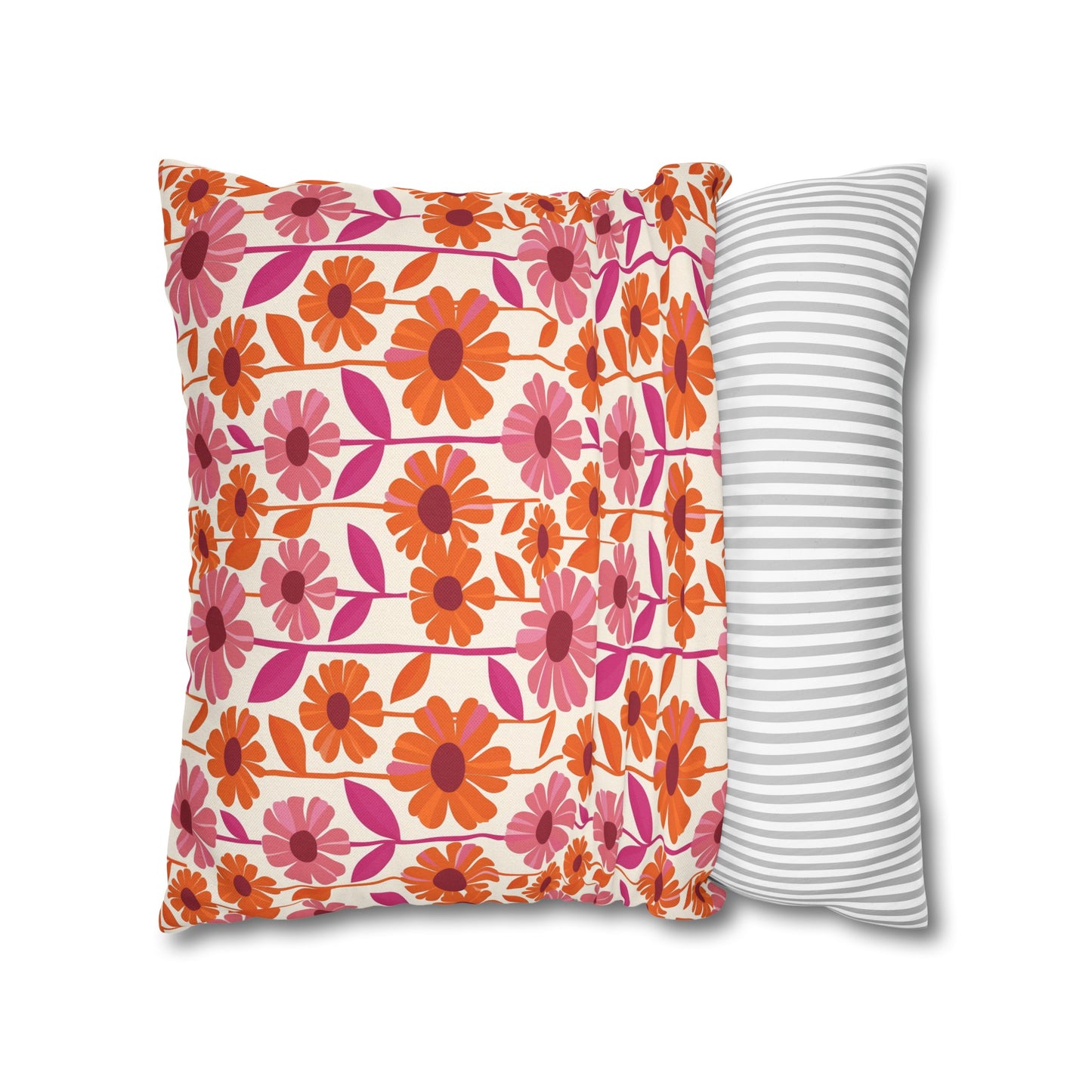 Retro Floral Bliss with Bold Pink and Orange Flower Design Spun Polyester Square Pillowcase 4 Sizes