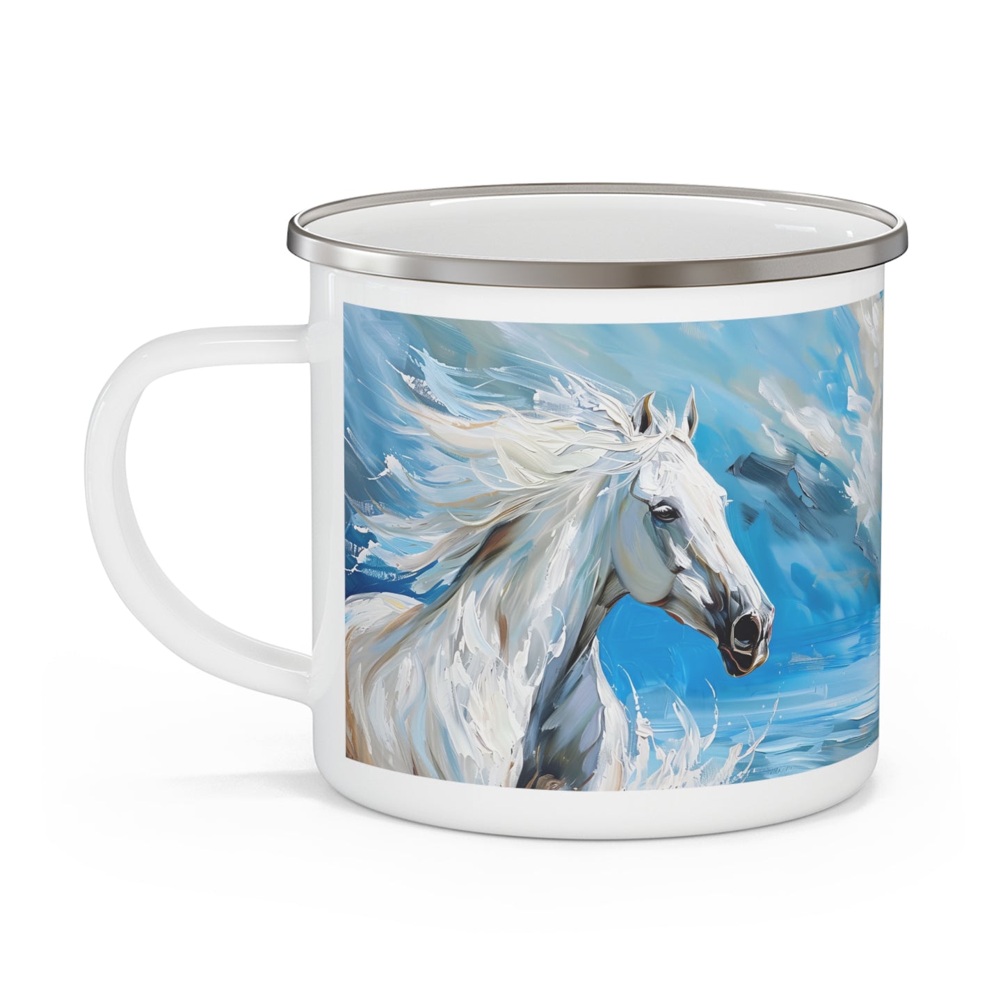 Majestic White Stallion Galloping Along the Ocean's Edge - 12oz Enamel Camping Mug