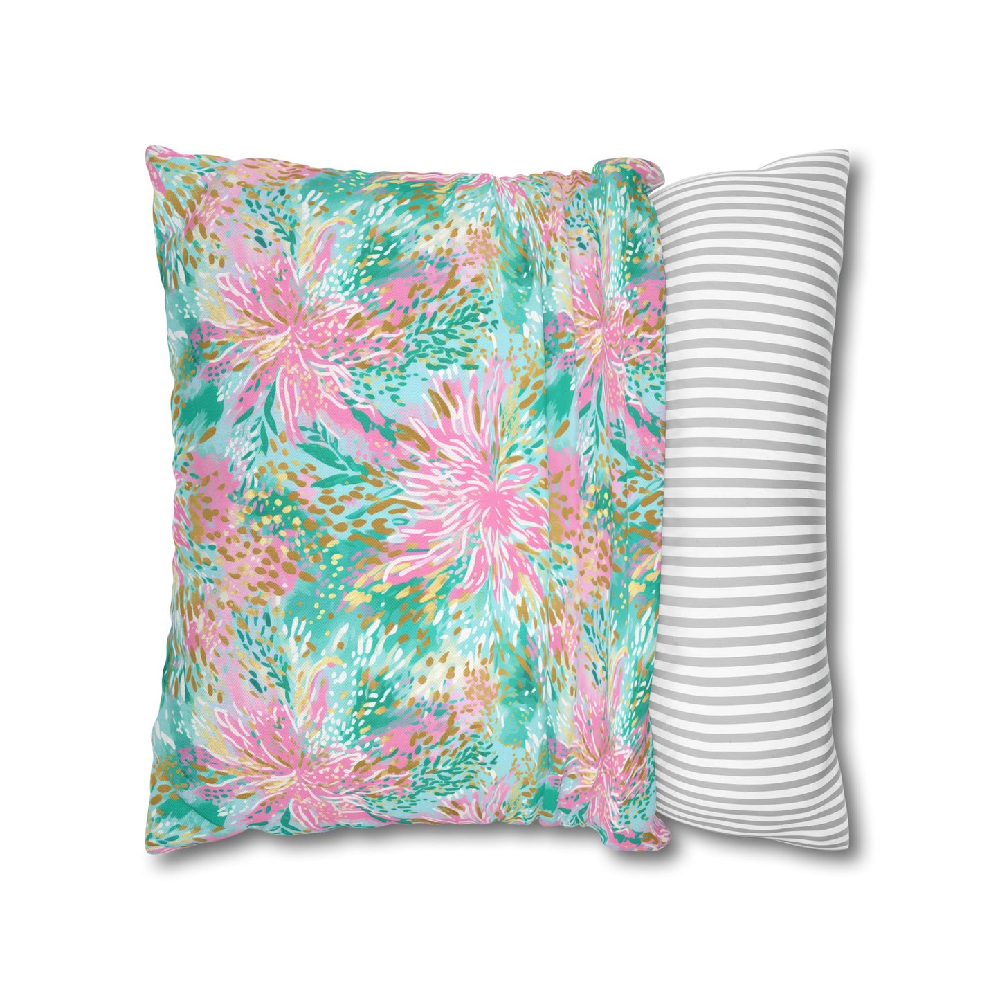 Soft Petal Symphony: Pastel Pink and Green Watercolor Flower Bursts Spun Polyester Square Pillowcase 4 Sizes