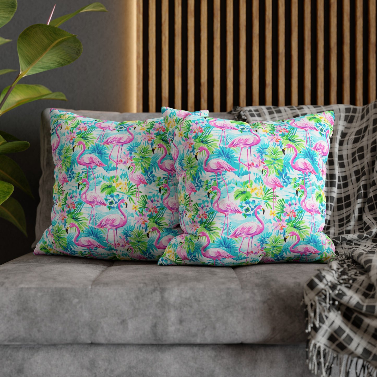 Tropical Flamingo Haven: Surrounded by Flowers and Palm Trees Spun Polyester Square Pillowcase 4 Sizes