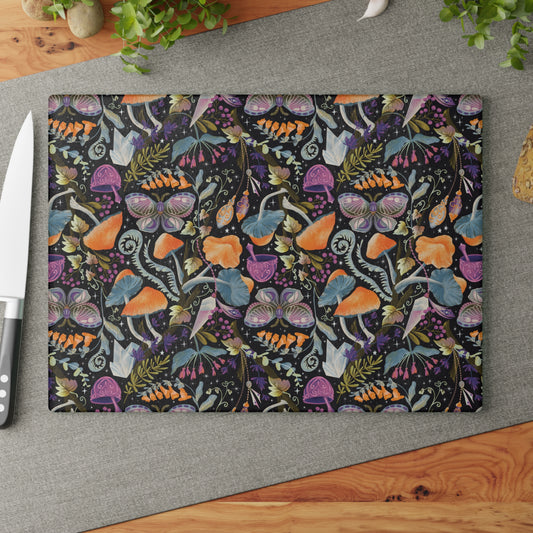 Whimsical Witches' Haven Mystical Garden of Mushrooms and Butterflies - Glass Cutting Board  8" x 11" and 11" x 15"