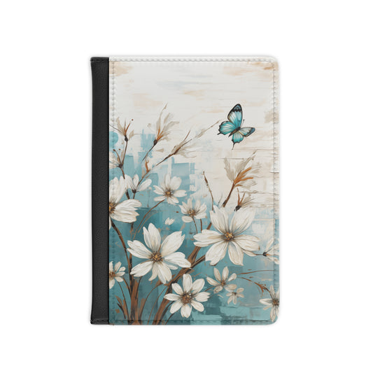 Rustic Farmhouse White and Teal Wild Daisies and Butterflies - Passport Cover Faux Leather RFID Blocking