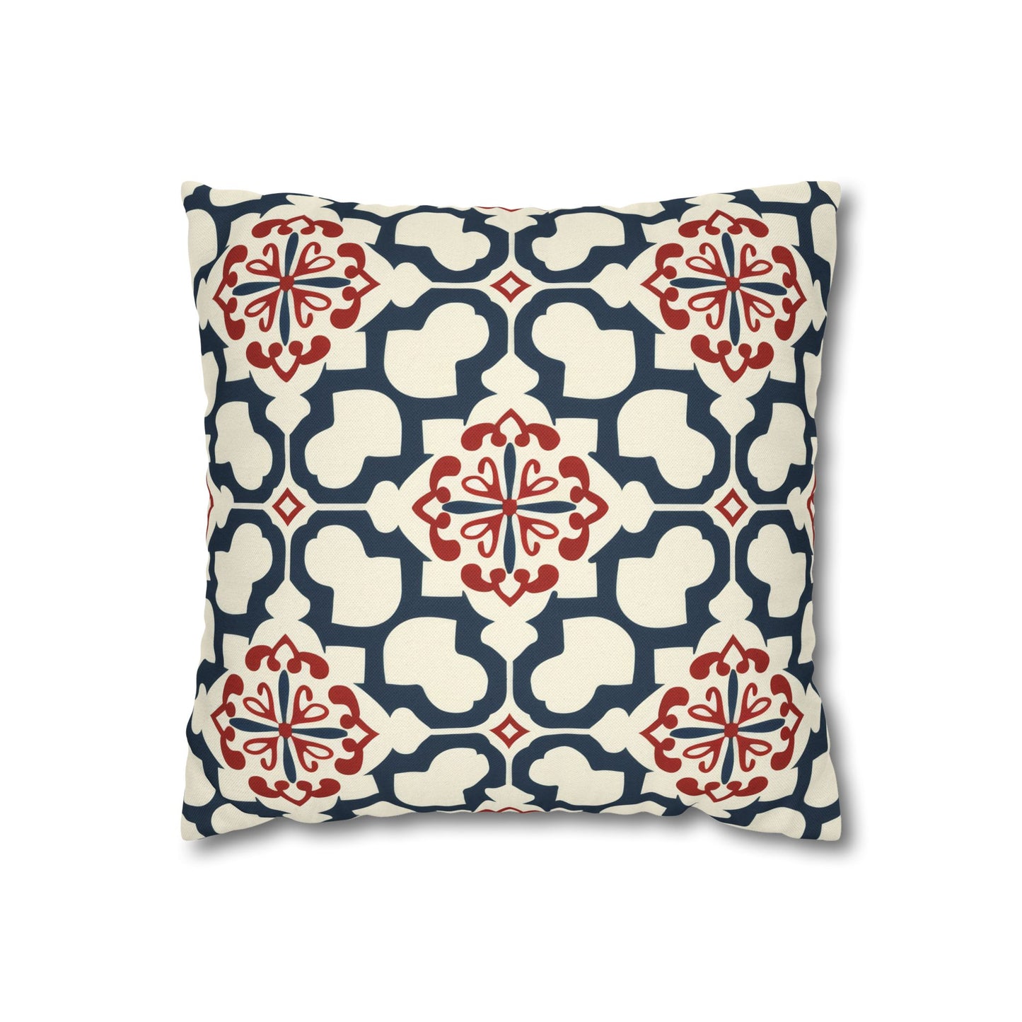 Traditional Korean Elegance in Bold Red and Navy Geometric Tile Pattern Spun Polyester Square Pillowcase 4 Sizes