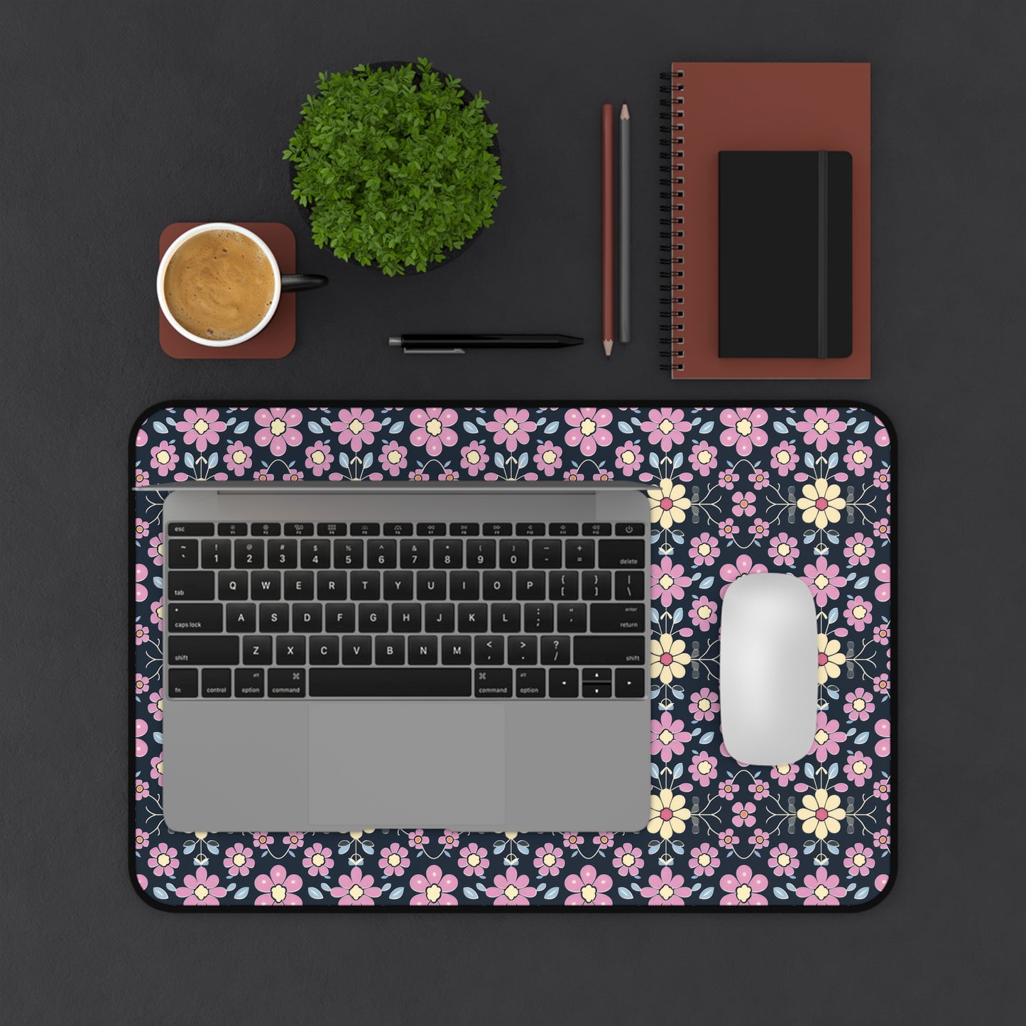 Charming Pastel Pink and Yellow Flowers on Navy Blue Background Extended Gaming Mouse Pad  Desk Mat  - 3 Sizes