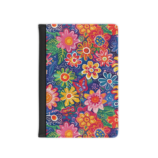 Fluttering Kaleidoscope: Vibrant Multicolor Flowers and Butterflies in Flight - Passport Cover Faux Leather RFID Blocking