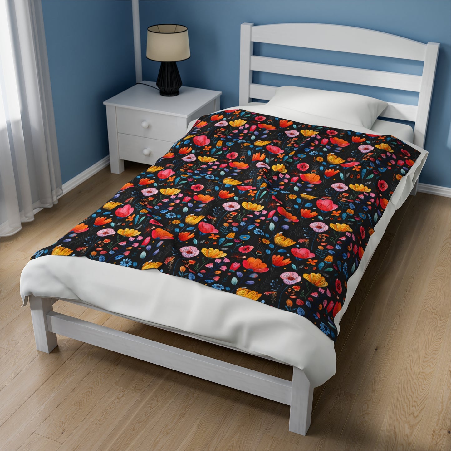 Vibrant Spring Blooms in a Kaleidoscope of Colors on Black Velveteen Plush Blanket 3 Sizes