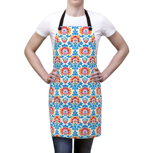 Bright Bouquet of Whimsy in Lively Hues of Red and Blue Flowers with Yellow Accents Kitchen Chef Apron