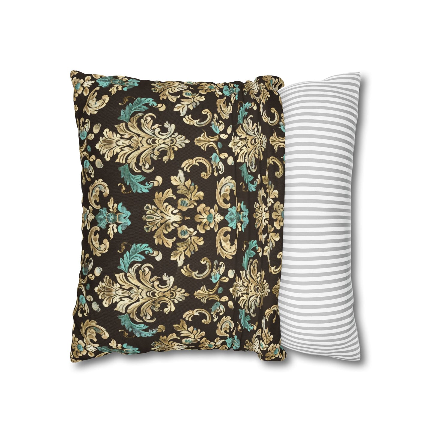 Luxurious Rococo Pattern of Ornate Brown and Teal Floral Scroll Design Spun Polyester Square Pillowcase 4 Sizes