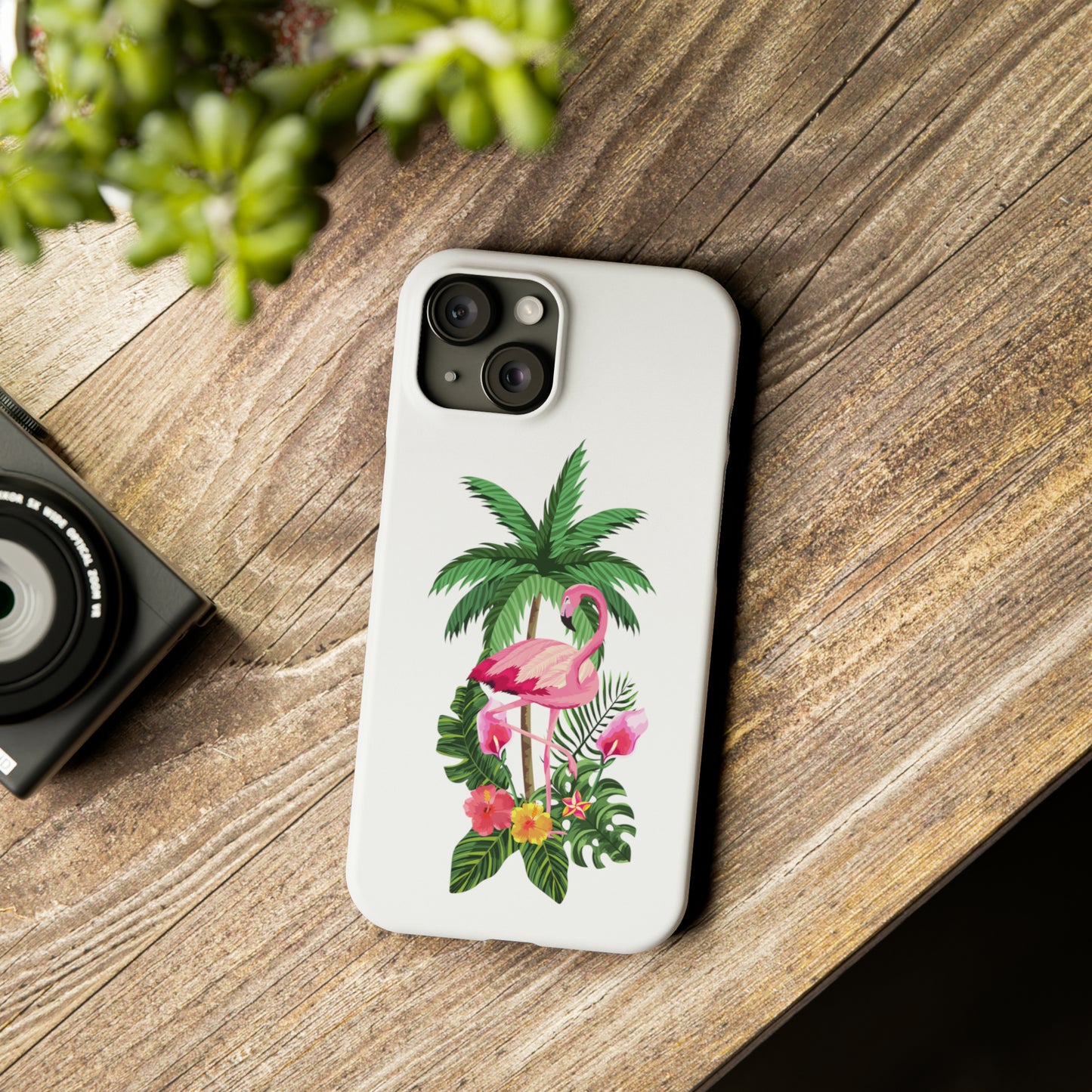 Tropical Pink Flamingo and Flowers White Background Iphone 15-12 Slim Phone Case