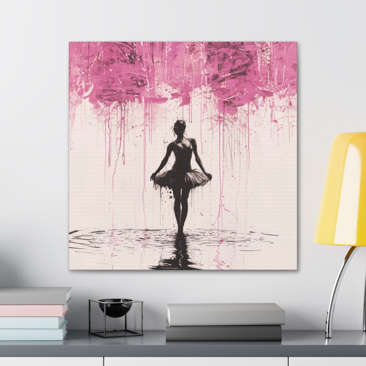 Dreamlike Reverie: Ballerina Dancing Amidst Pink Clouds and Gentle Rain Print on Canvas Gallery - 13 Sizes