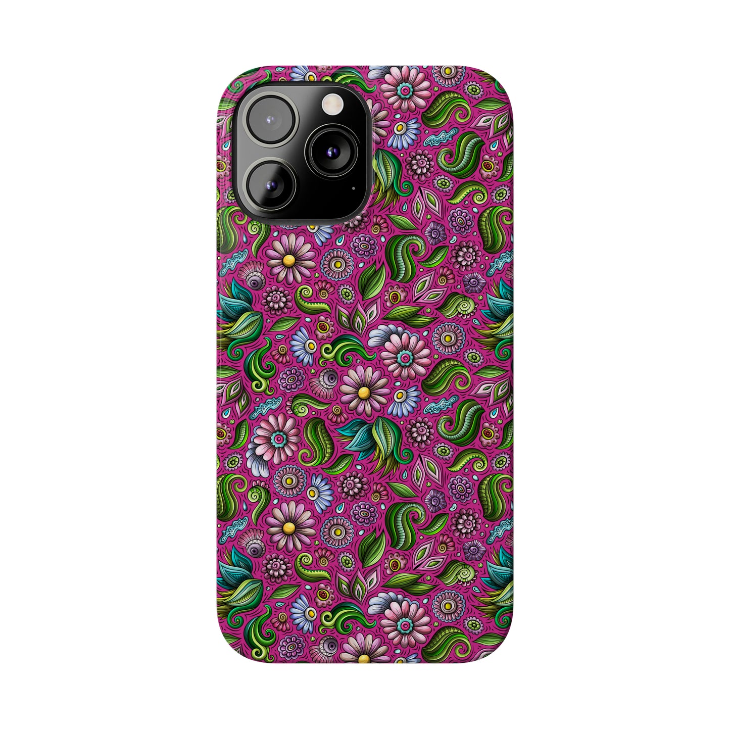 Purple & Pink Daisy Floral Print Hot Pink Background Iphone 15-12 Slim Phone Case