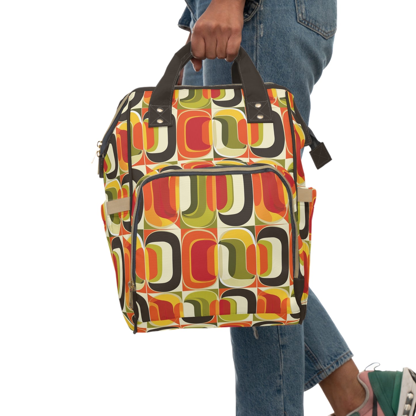 Vintage Vibes Retro 70s Geometric Pattern in Orange, Greens and Brown Tones Multifunctional Diaper Backpack