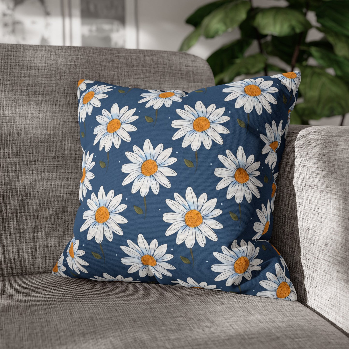 Elegant White Daisies on Navy Blue Background Spun Polyester Square Pillowcase 4 Sizes