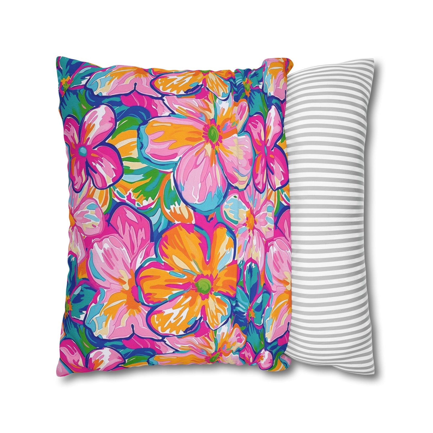 Chromatic Blossoms: Large Watercolor Flowers in Mixed Pinks, Blues, and Oranges Spun Polyester Square Pillowcase 4 Sizes