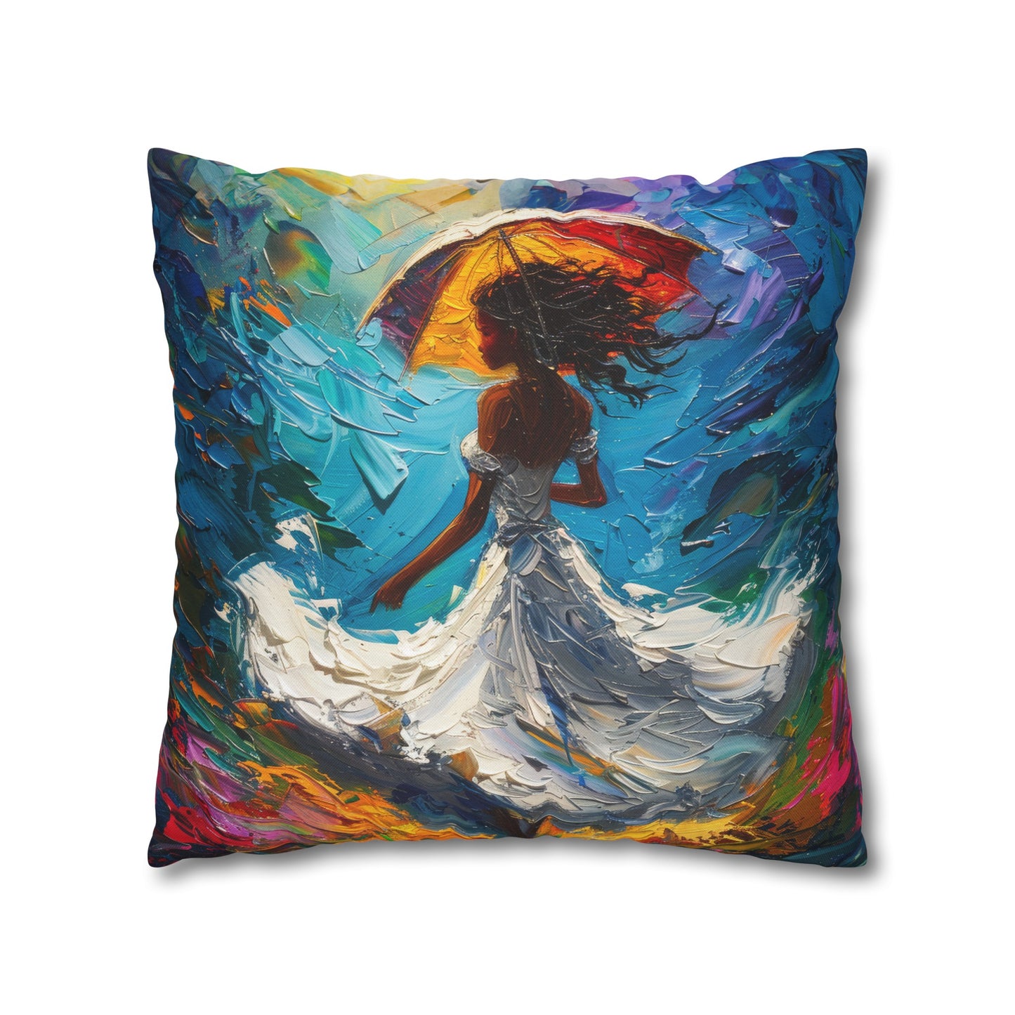 Dancing In The Rain and Sunshine Women in White Dress Swirling Floral Field of Flowers Spun Polyester Square Pillowcase 4 Sizes