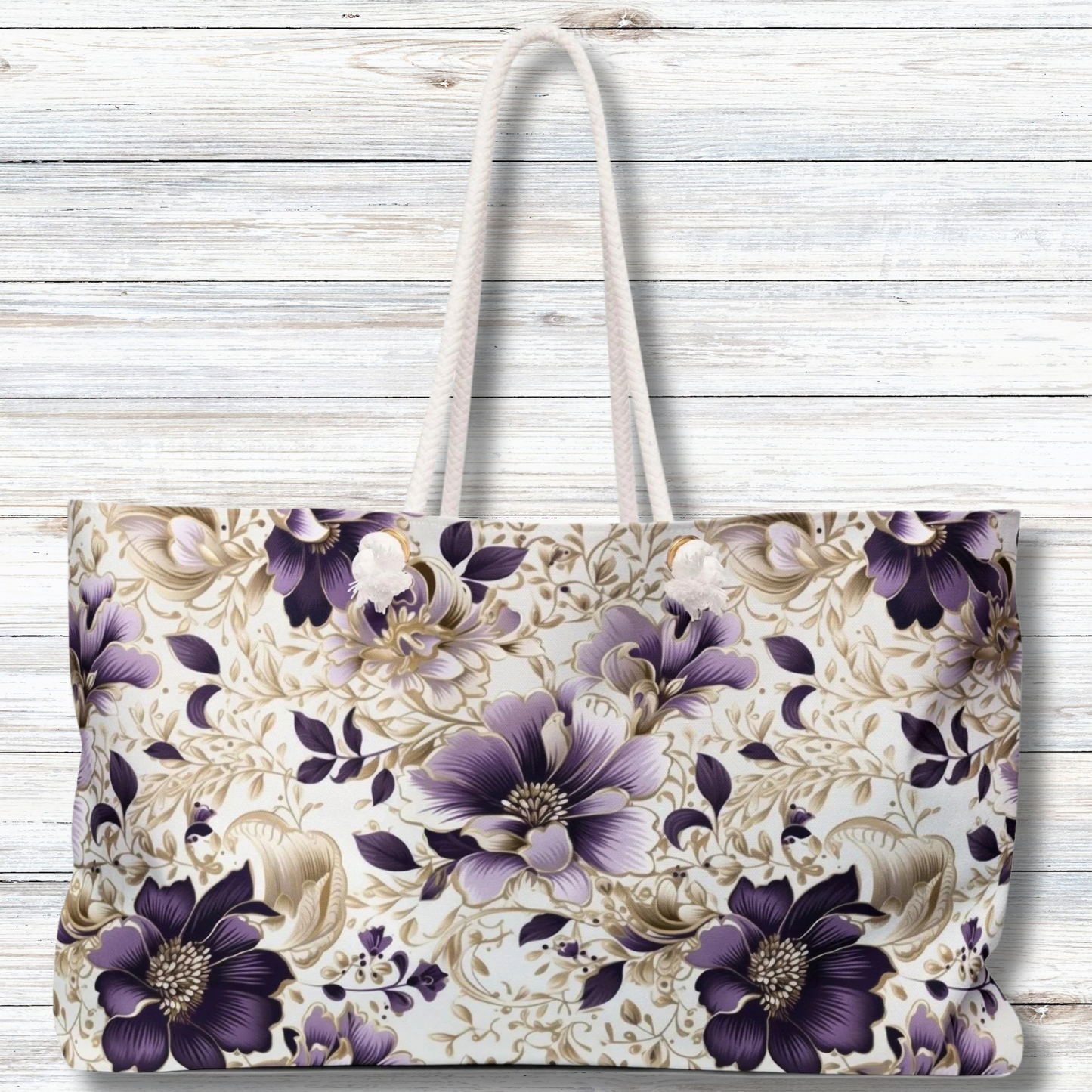 Purple Majesty: Watercolor Floral Design with Gold Foliage Accents - Weekender Oversized Canvas Tote Bag 24" × 13"