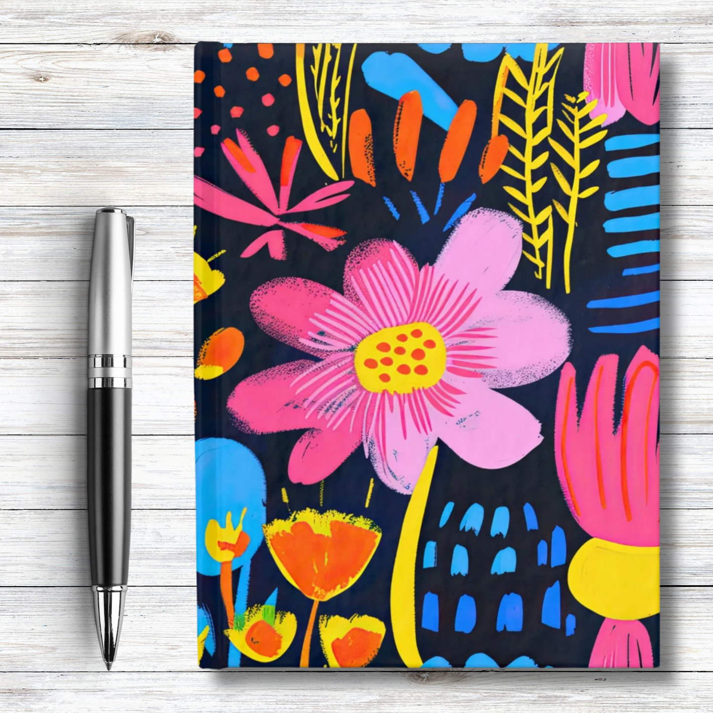 Abstract Floral Delight: Pink, Blue, and Yellow Blossoms - Hardcover Ruled Line Journal 5" x 7"