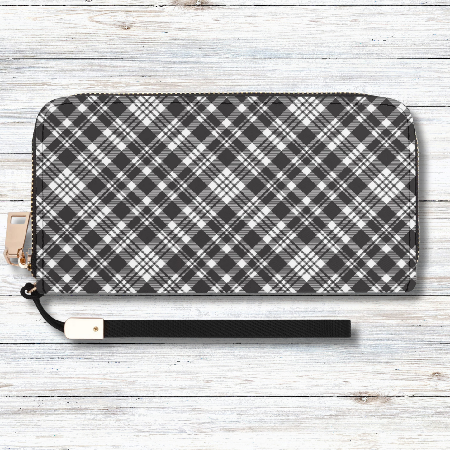 Chic Contrasting Black & Grey Argyle Plaid Pattern  - Wristlet Wallet Leather (PU)