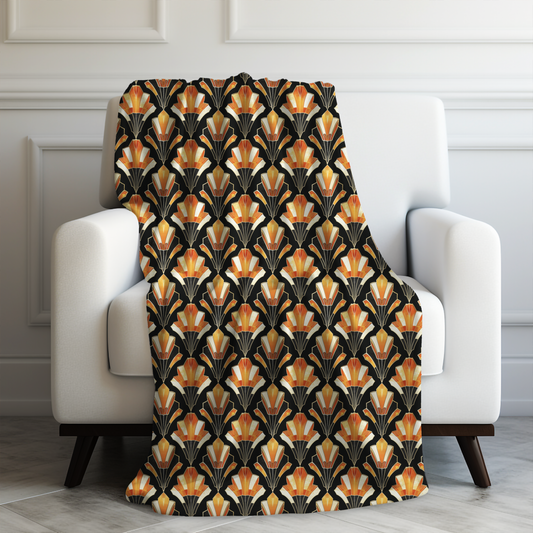 Art Deco Inspired Streamlined Geometric Florals in Orange and Black Velveteen Plush Blanket 3 Sizes