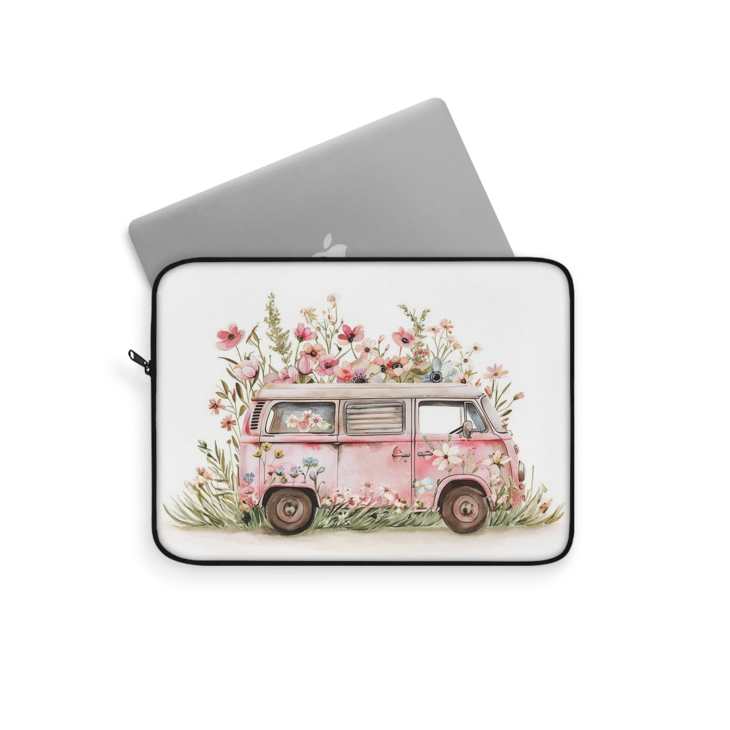 Pastel Petal Cruiser: Light Pink VW Bus Adorned with Pastel Paint Flowers Laptop or Ipad Protective Sleeve 3 Sizes Available