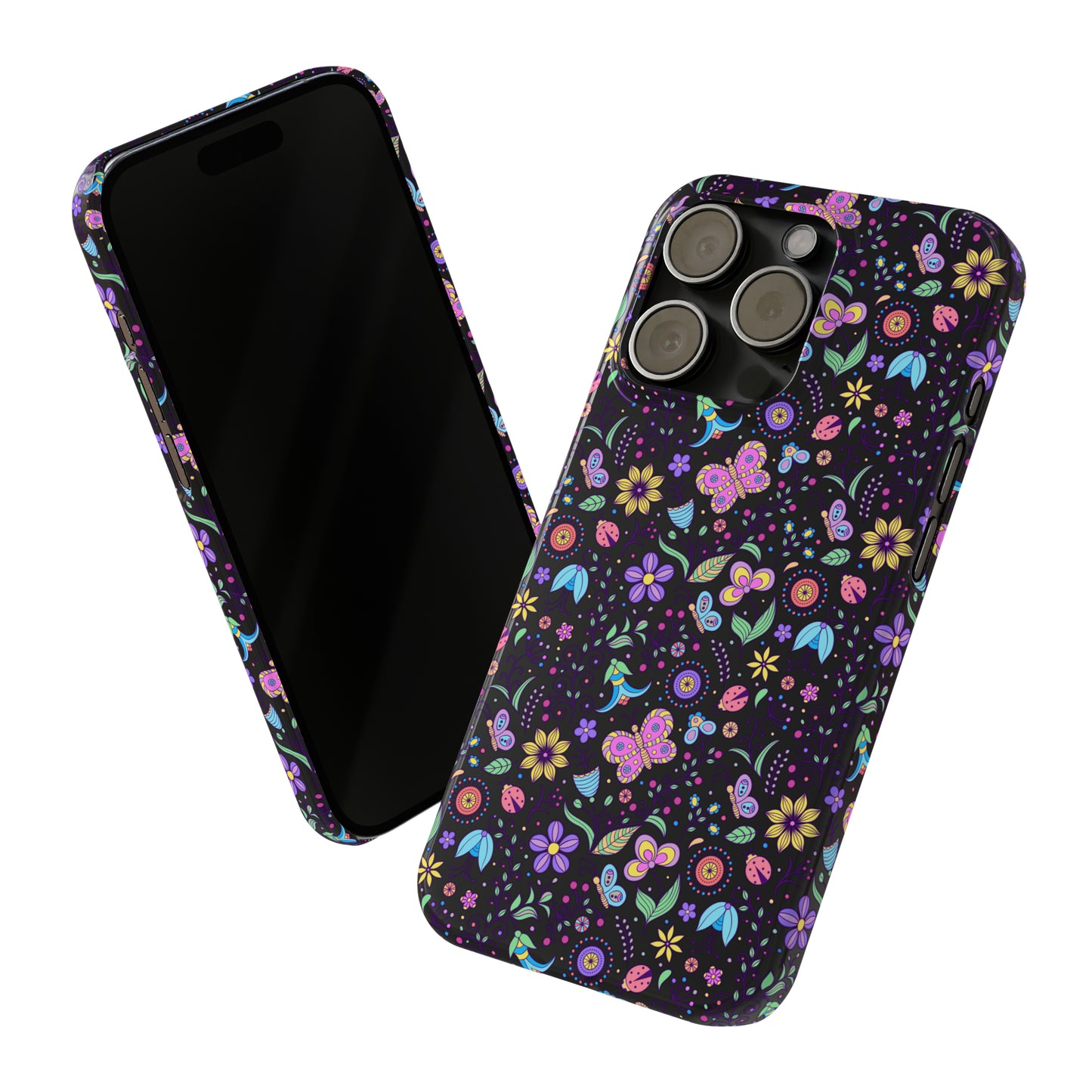 Butterflies and Flowers Black Background Iphone 15-12 Slim Phone Case