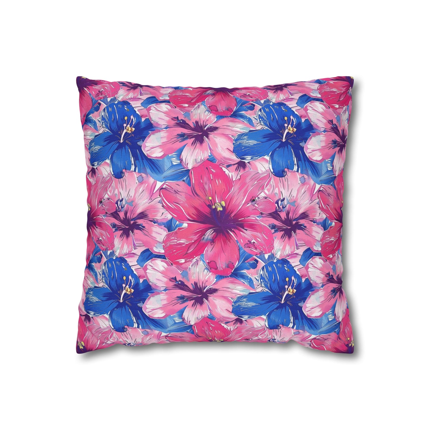 Blooming Bliss: Large Pink and Blue Blossoms in Full Bloom Spun Polyester Square Pillowcase 4 Sizes