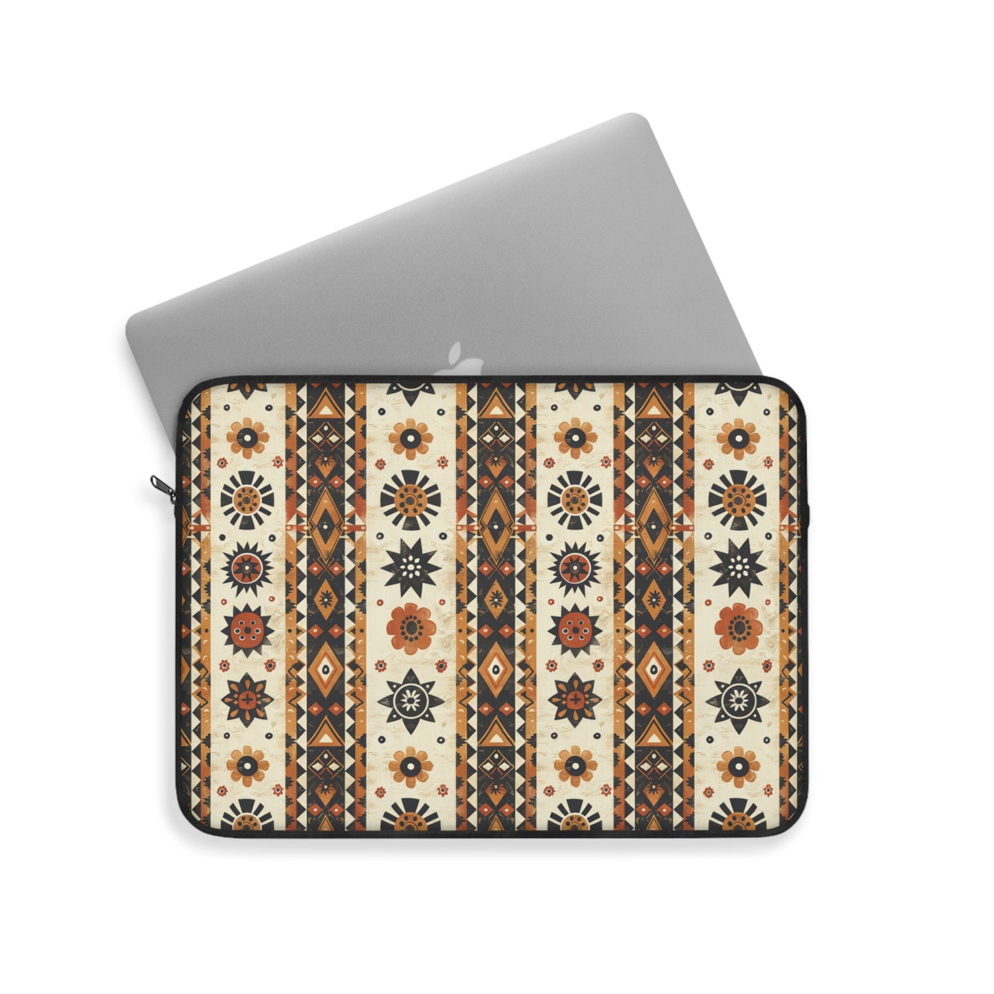 Bohemian Intricate Geometric and Floral Folk Design in Burnt Orange, Deep Brown, and Creamy Beige Laptop or Ipad Protective Sleeve 3 Sizes Available