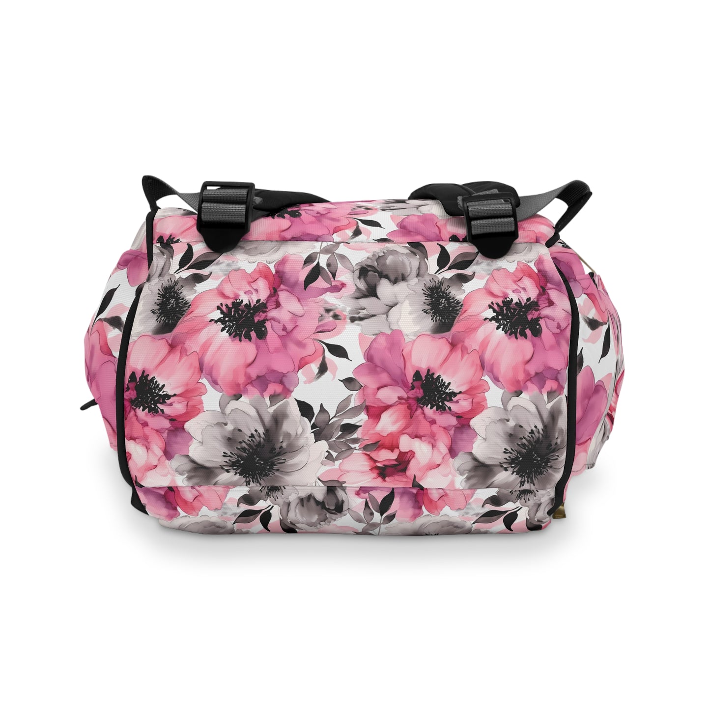 Graceful Elegance: Large Pink and Grey Watercolor Flower Design Multifunctional Diaper Backpack