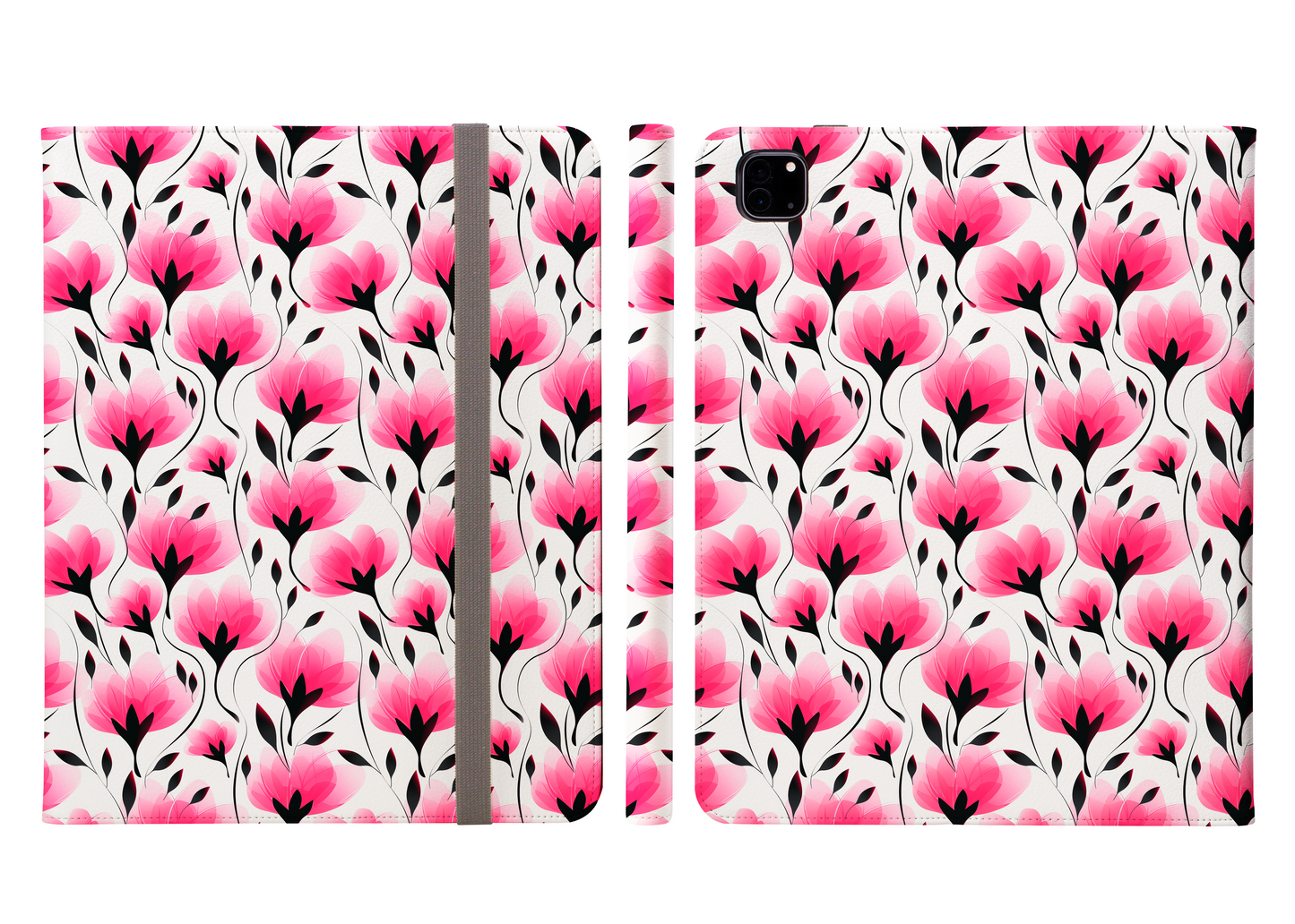 Elegant Modern Pink and Black Floral Blooms Protective iPad Pro 11 & Pro 12.9 Protective Case and Pencil Holder