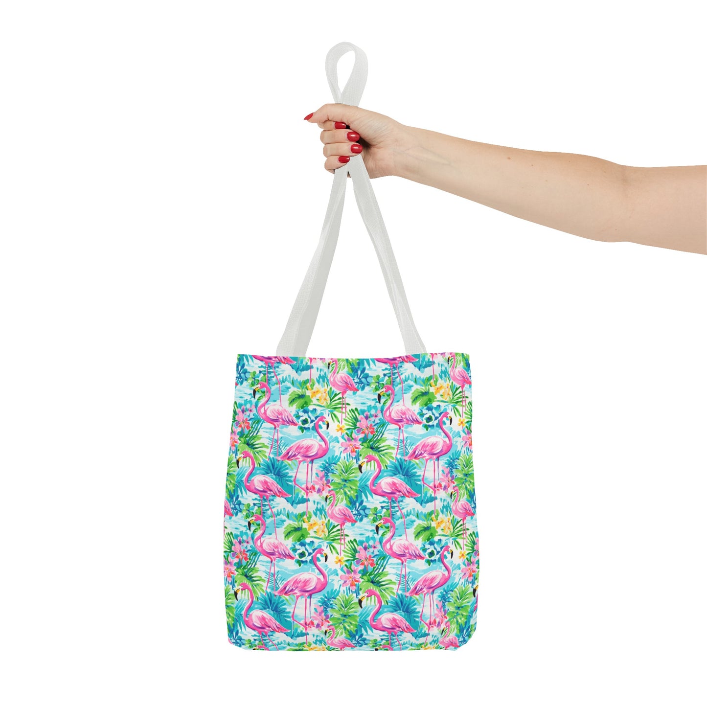 Tropical Flamingo Haven: Surrounded by Flowers and Palm Trees Canvas Tote Bag 3 Sizes