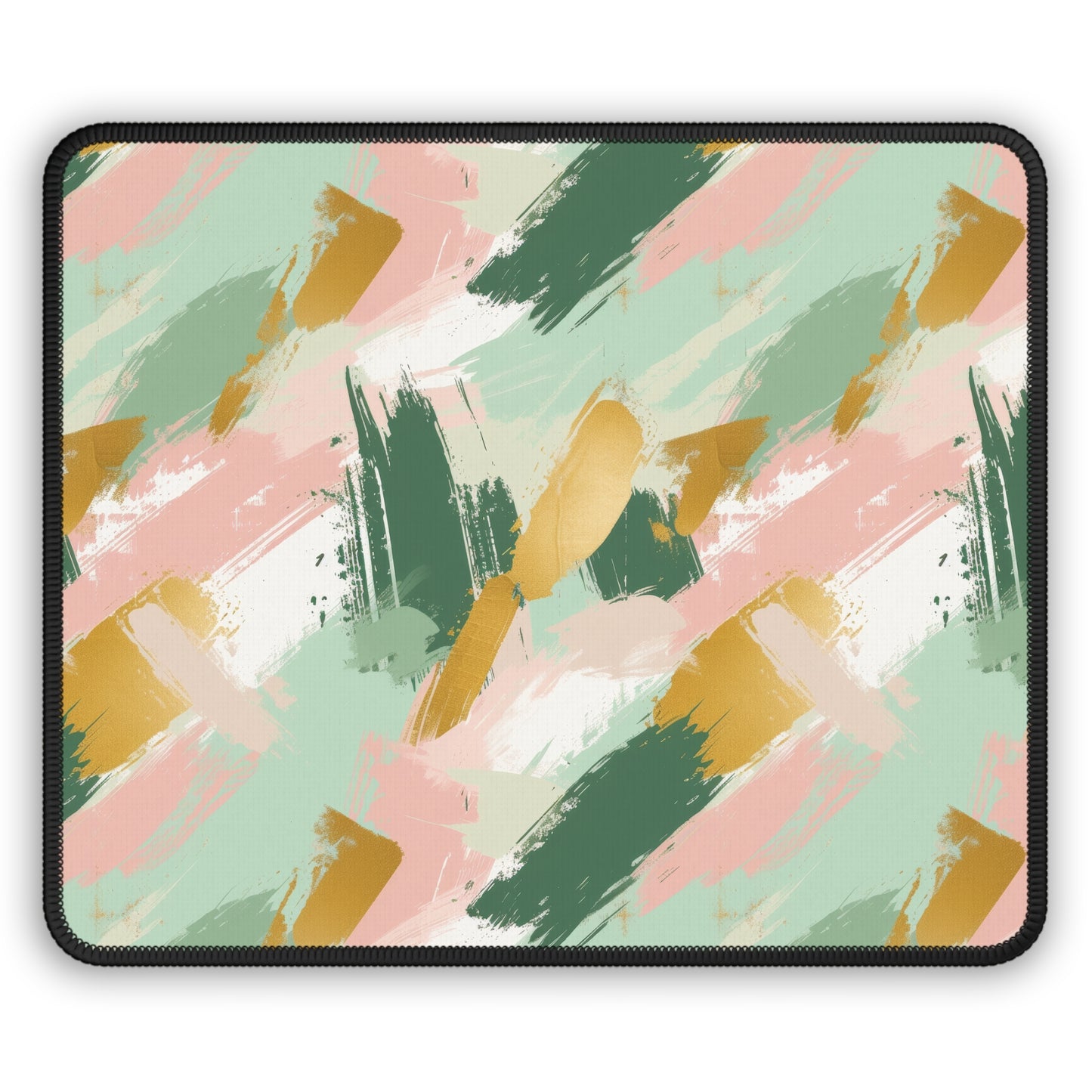 Spring Brushstrokes Abstract in Light Green, Pink, and Gold Mouse Pad with Finished Edges